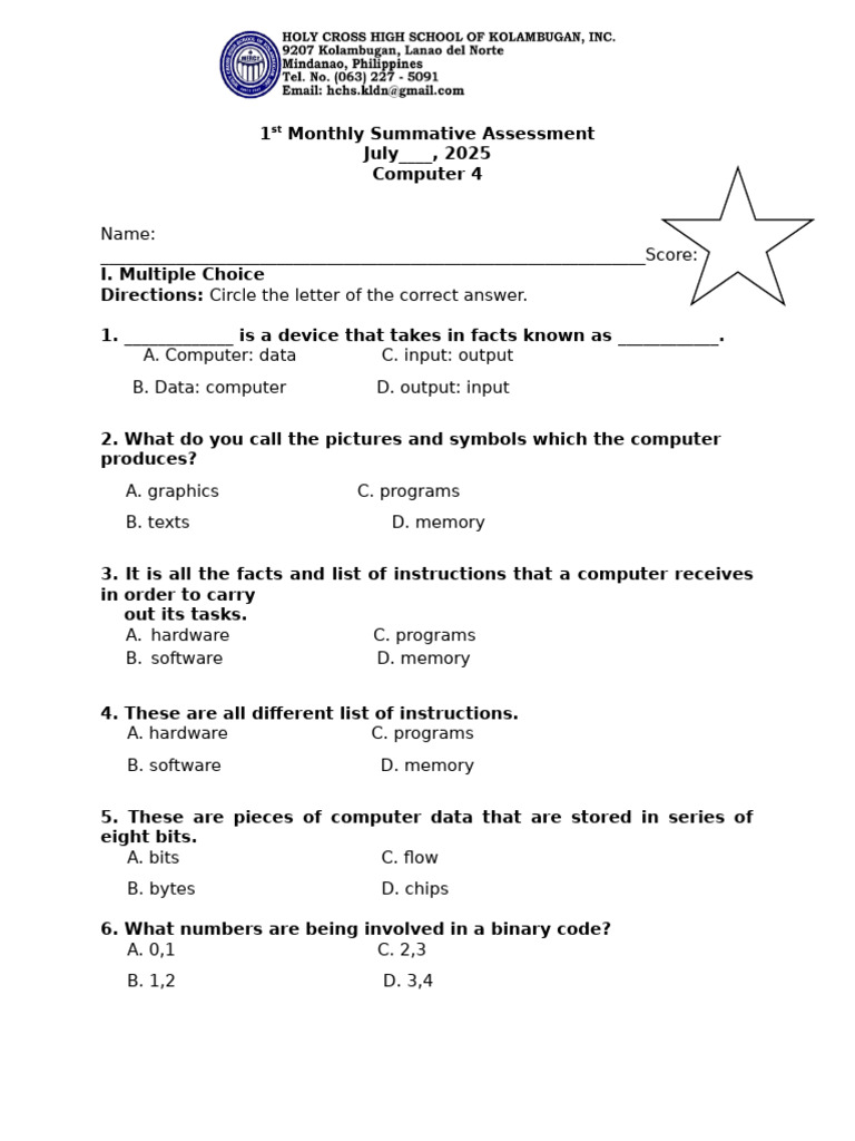 Computer 4 Monthly Assessment July 2025 | PDF | Computer Data Storage ...