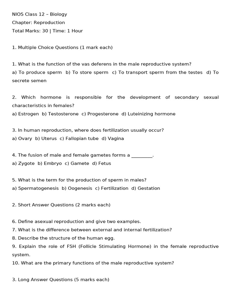 Reproduction Questions for NIOS Class 12 | PDF