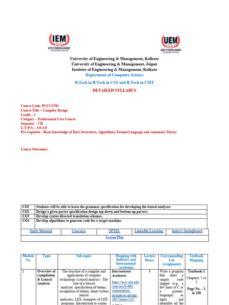 Compiler Design Course Syllabus | PDF | Parsing | Software Engineering