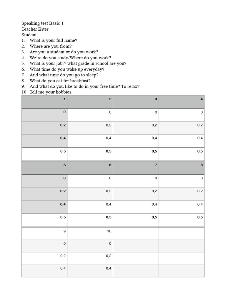 Basic Speaking Test Questions Guide | PDF