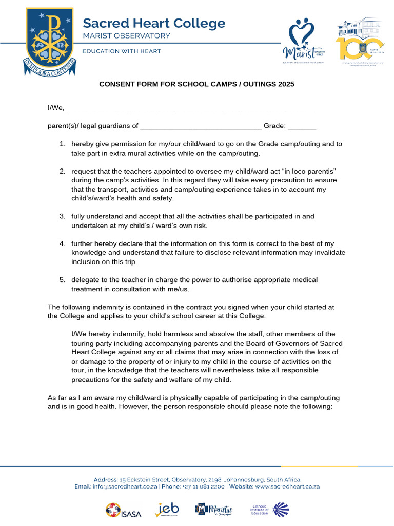 2025 - Consent and Indemnity For Camps | PDF | Indemnity