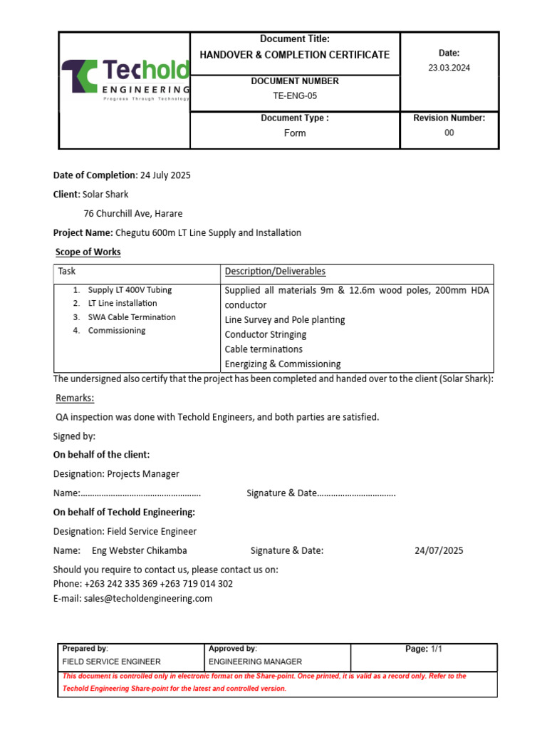 Handover Certificate for Chegutu Project | PDF