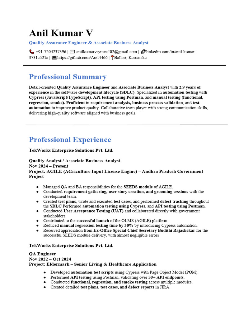 Anil Kumar V_Resume 1 | PDF | Agile Software Development | Software ...