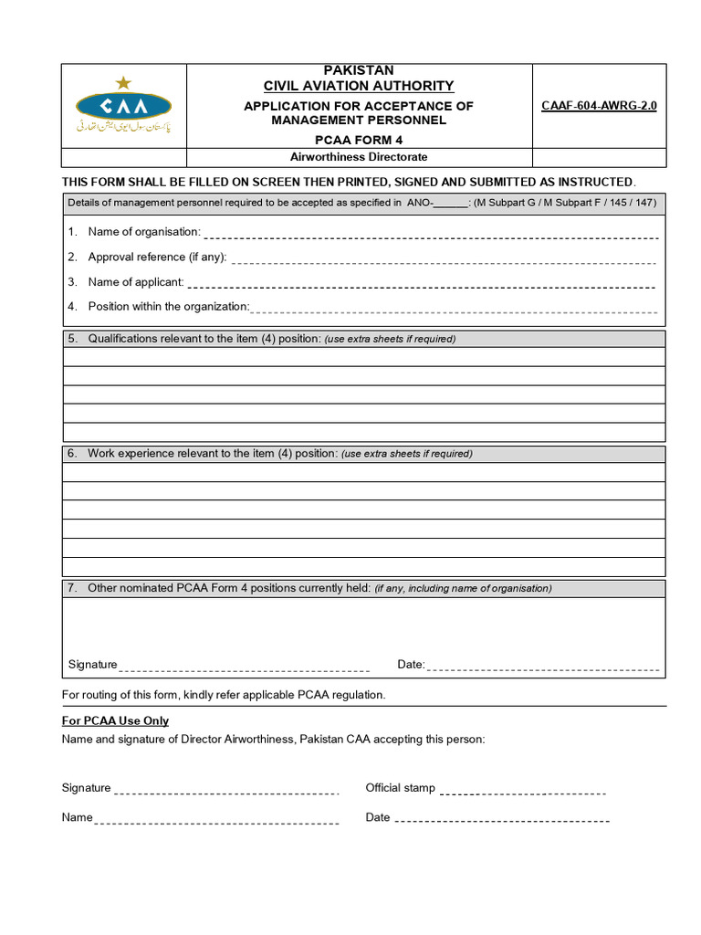 Application For Acceptance of Management Personnel (CAAF-604-AWRG-2.0 ...