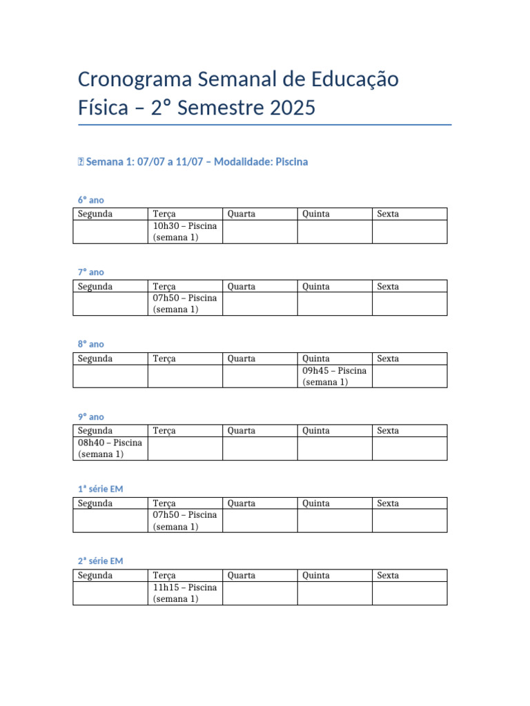 Cronograma Educação Física 2025 | PDF