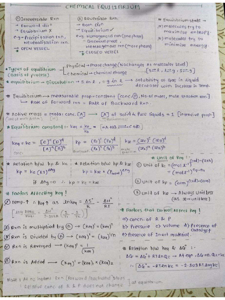 Chemical Equilibrium Hand Written Notes | PDF