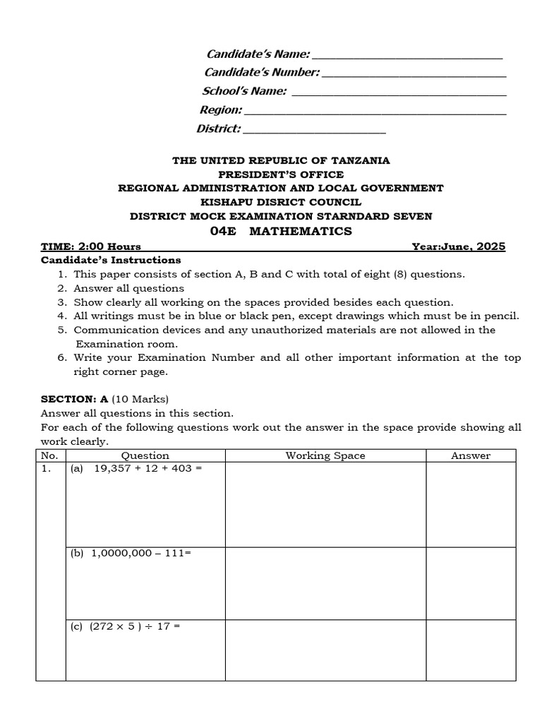 Mock Exam: Standard Seven Mathematics | PDF | East Africa
