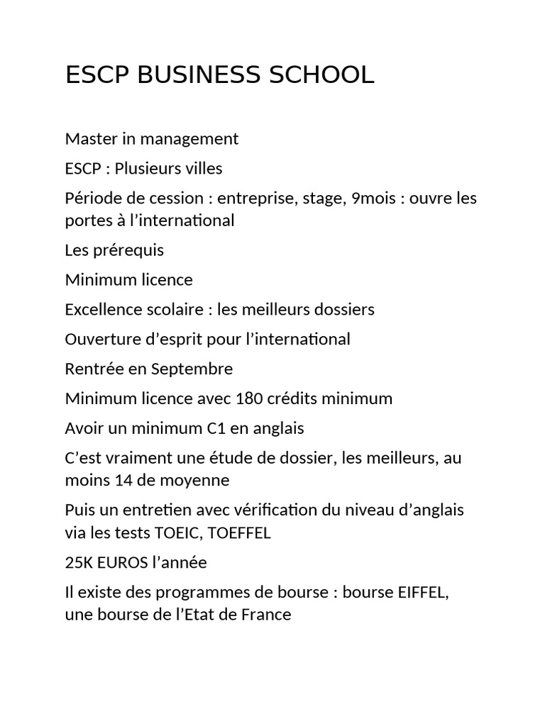 Frais et conditions du Master ESCP 2024 | PDF