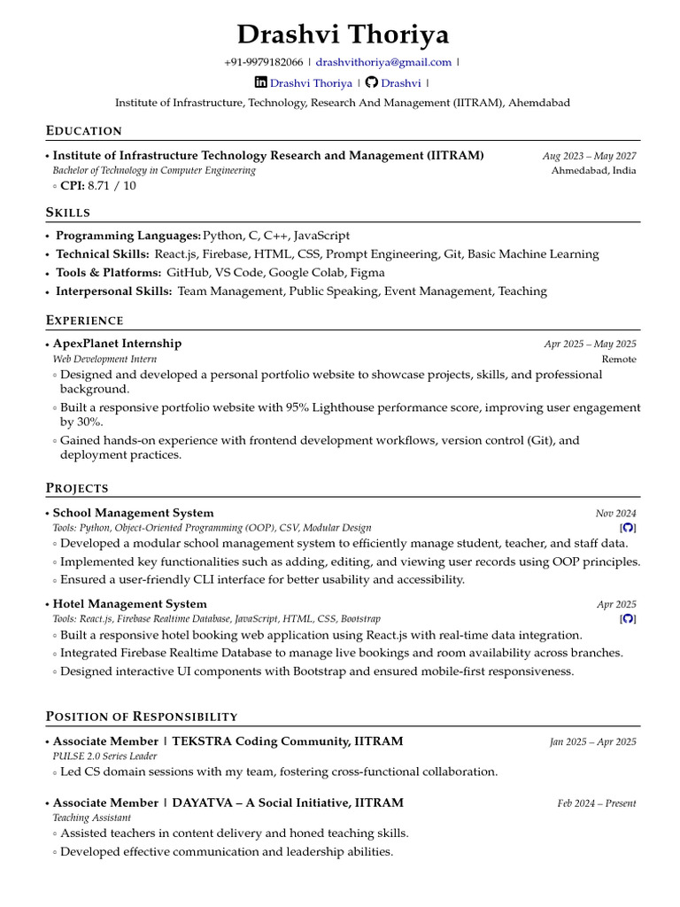 Drashvi Patel Resume | PDF | Object Oriented Programming | Web Development
