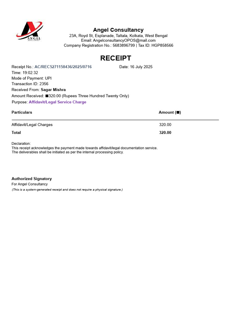 Angel Consultancy Legal Service Receipt | PDF