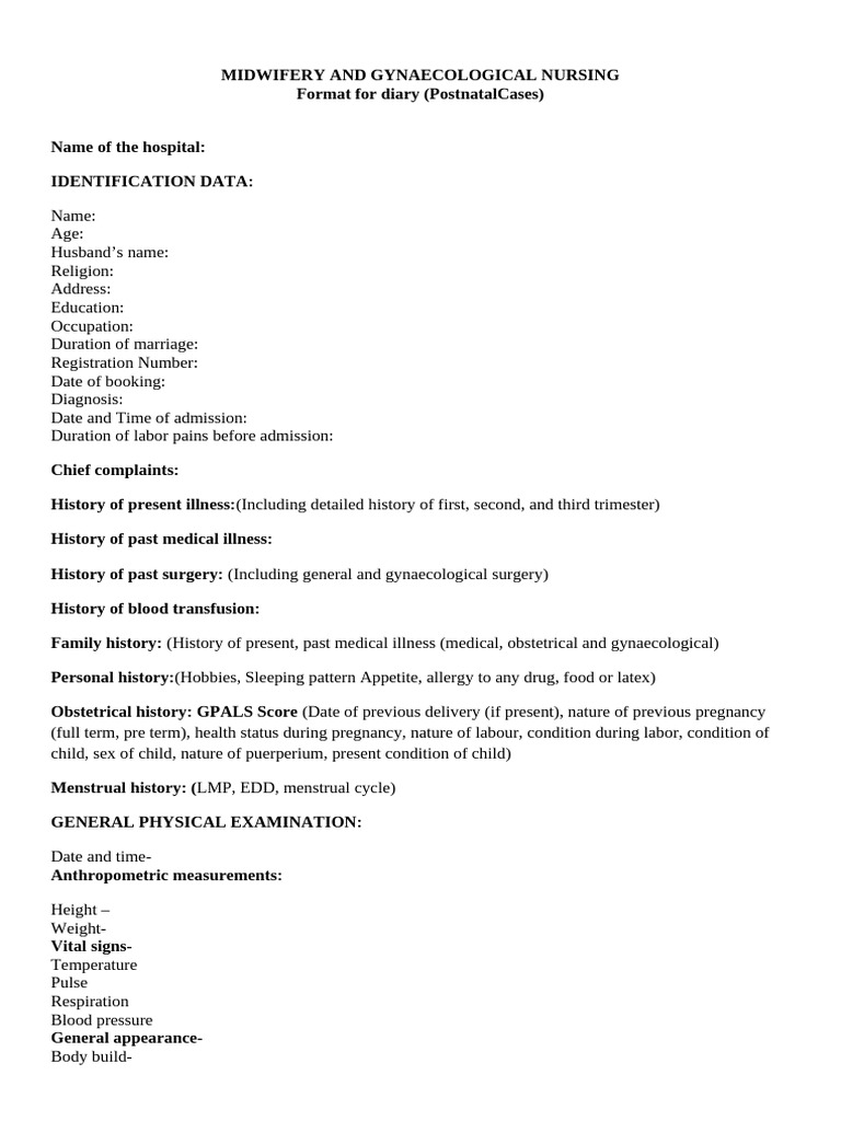 Postnatal Case Study Format Guide | PDF | Childbirth | Medical Specialties
