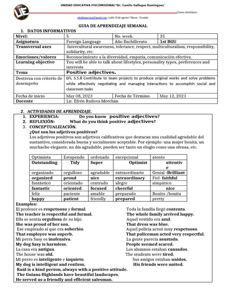 Weekly Learning Guide: Positive Adjectives | PDF