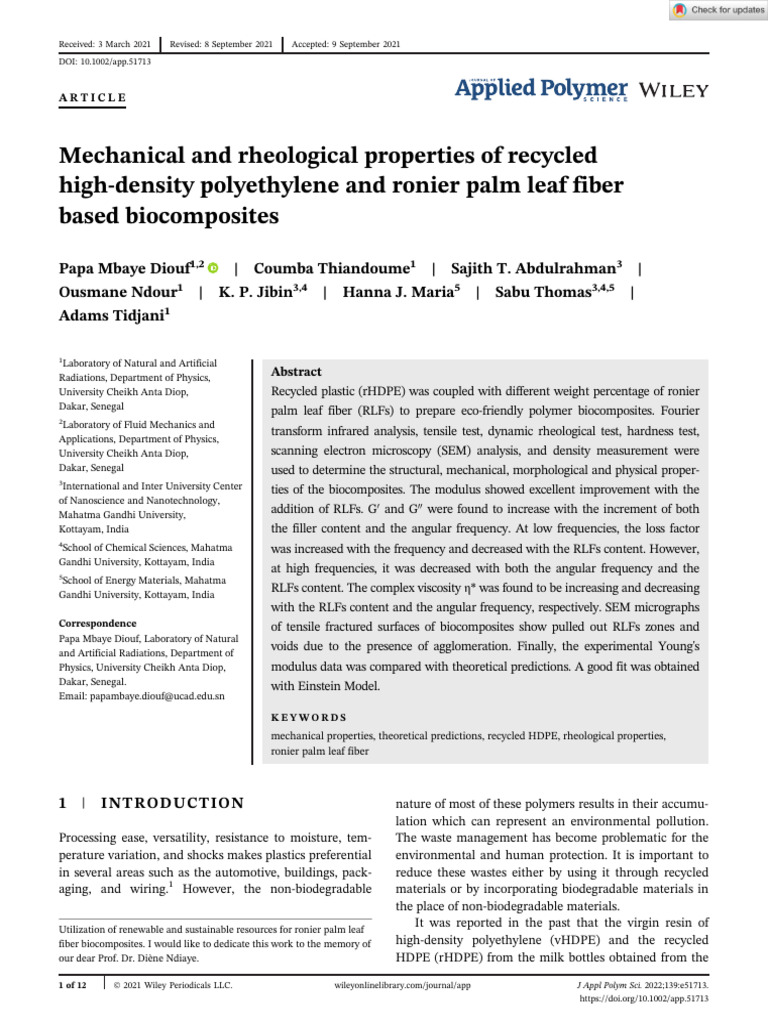 J of Applied Polymer Sci - 2021 - Diouf - Mechanical and Rheological ...