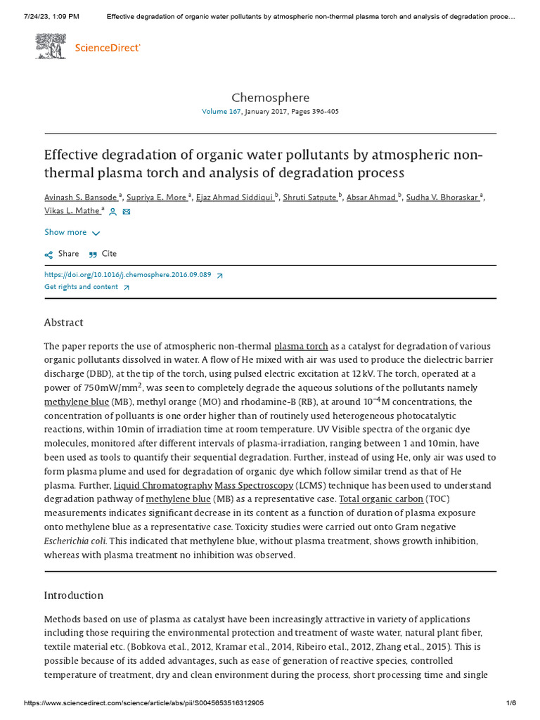 Effective Degradation of Organic Water Pollutants by Atmospheric Non ...