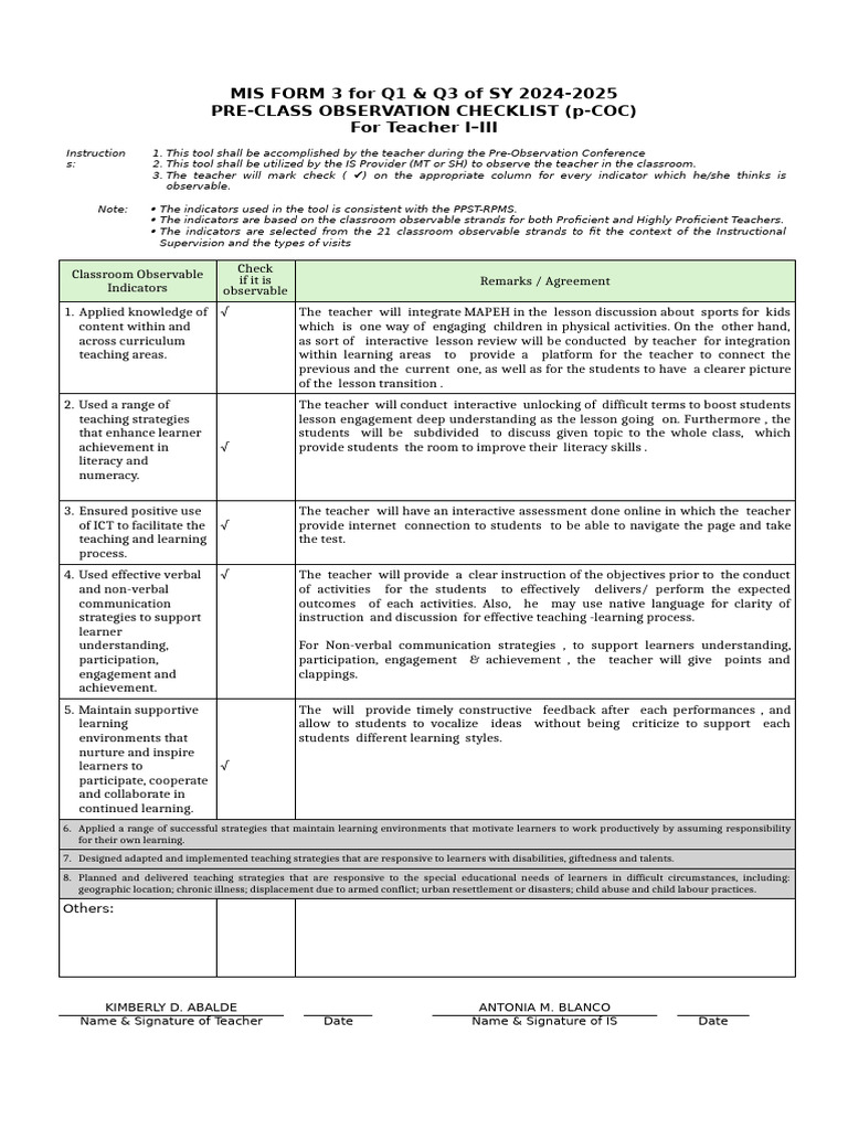Pre-Class Observation Checklist for Teachers | PDF | Teachers | Learning