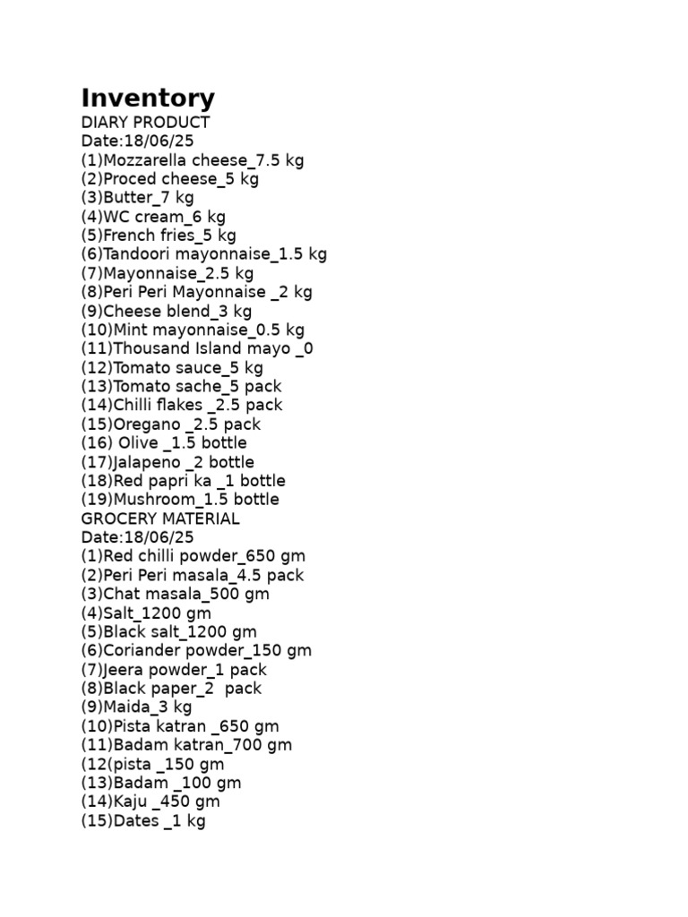 Inventory List for Dairy, Grocery, and Disposable Items | PDF