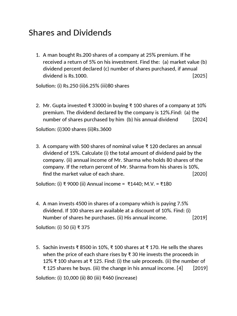 Shares and Dividends PYQs | PDF | Dividend | Share (Finance)