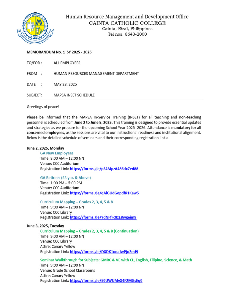 MAPSA In-Service Training Schedule 2025 | PDF | Learning | Teaching