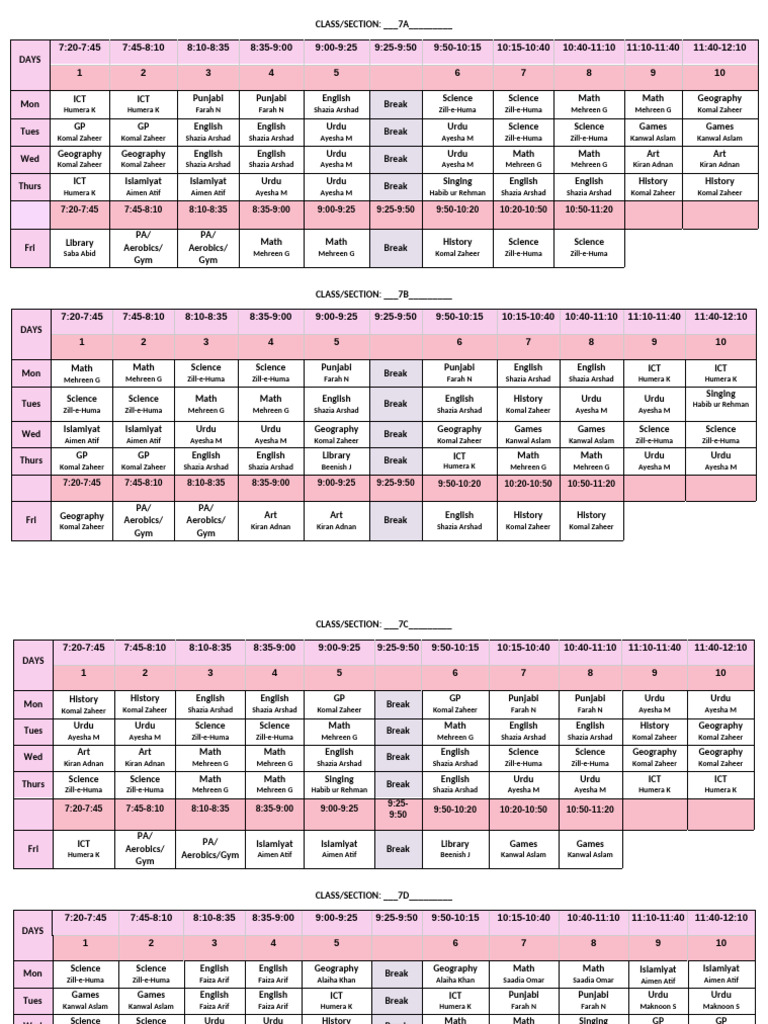 7th Grade Class Schedule Overview | PDF | Languages Of India