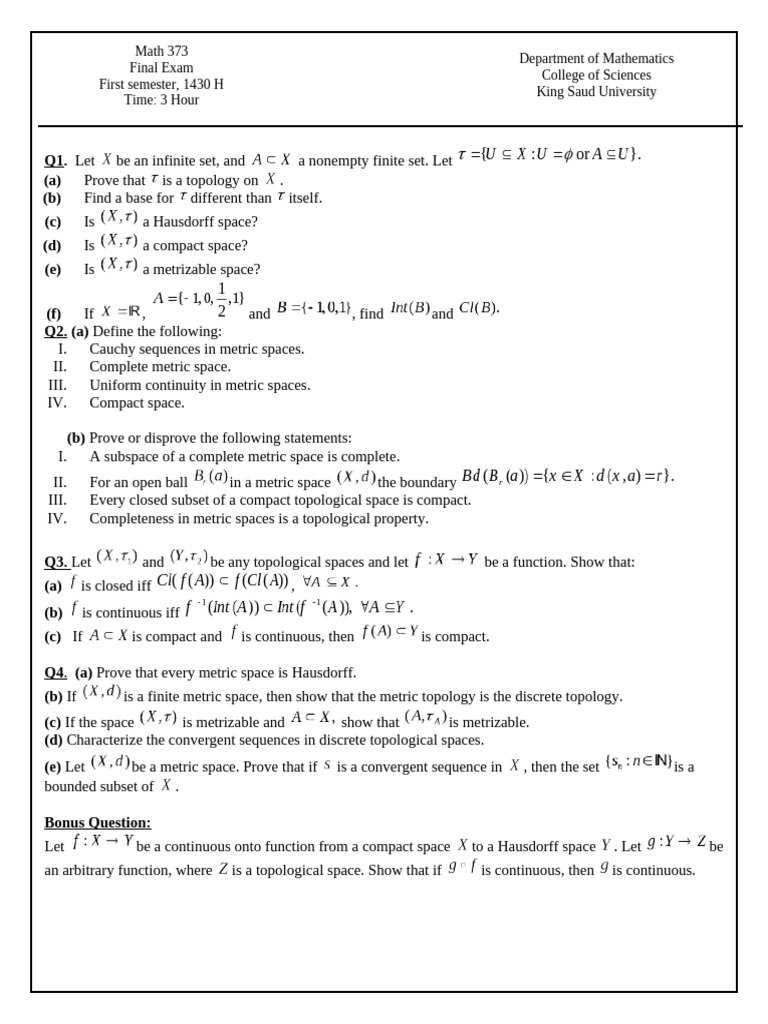 Math 373 Final Exam 301 | PDF