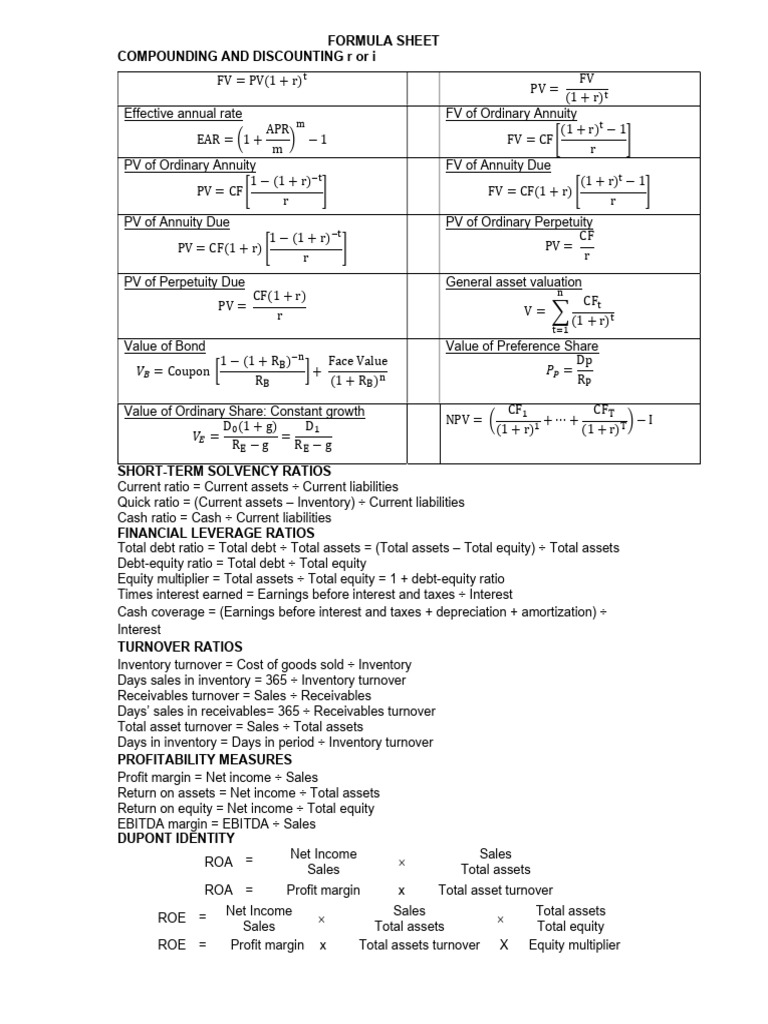Financial Formulas and Ratios Guide | PDF | Revenue | Equity (Finance)