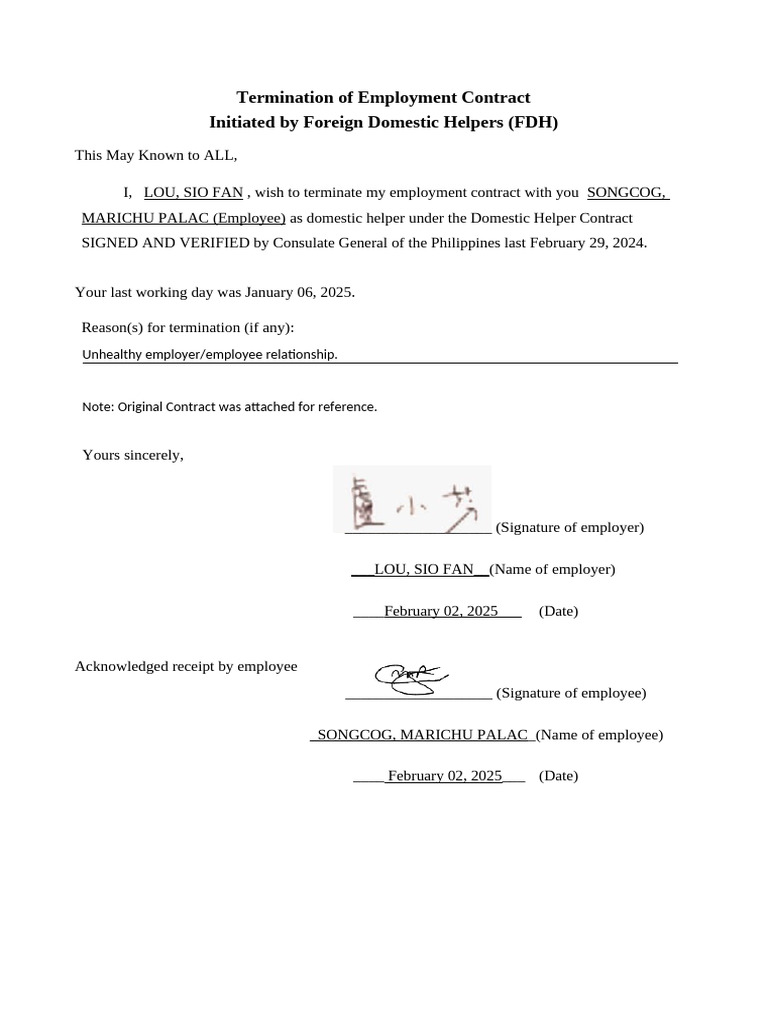 Termination Contract Format Pdf
