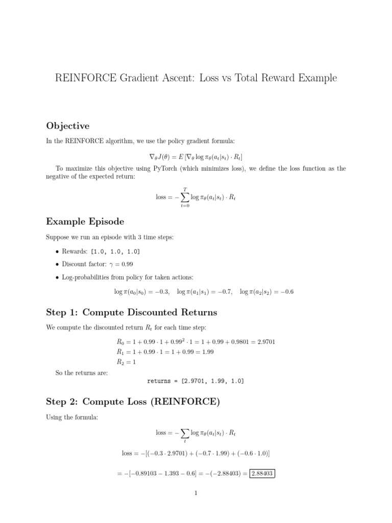 REINFORCE Algorithm: Loss & Rewards Explained | PDF | Mathematics ...