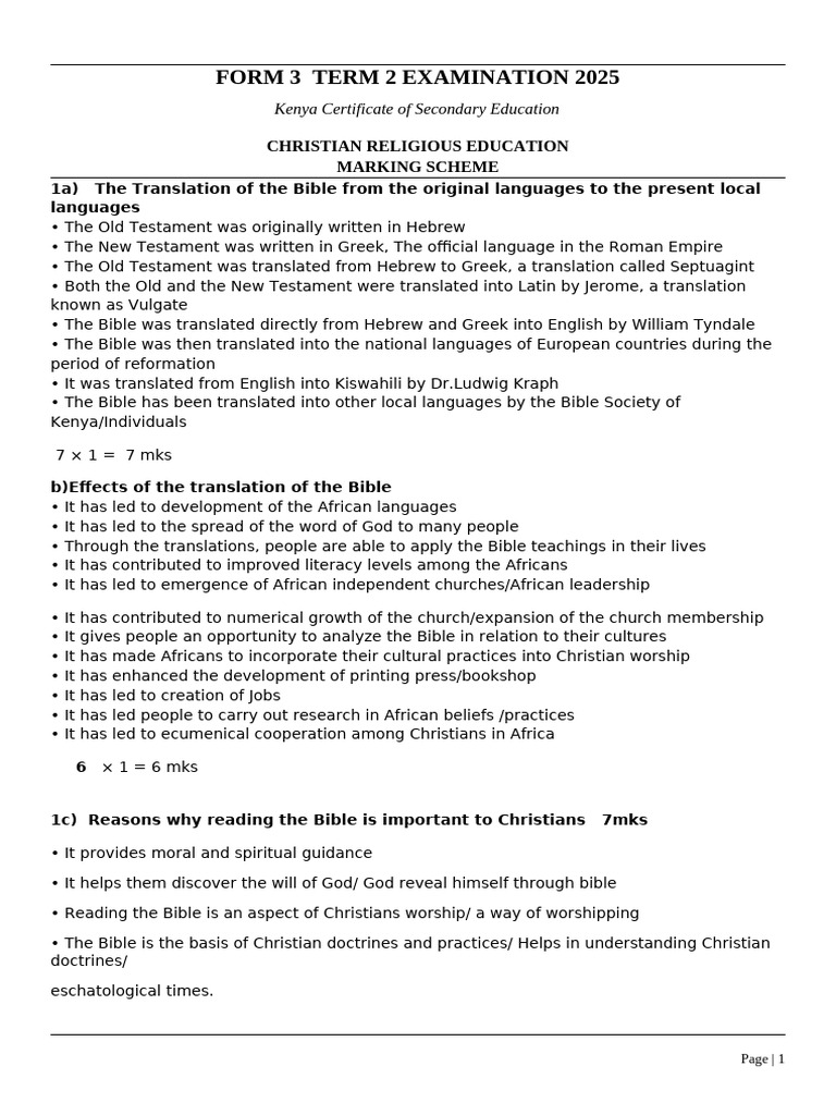 Form 3 CRE Exams Marking Scheme | PDF | Jesus | Resurrection Of Jesus