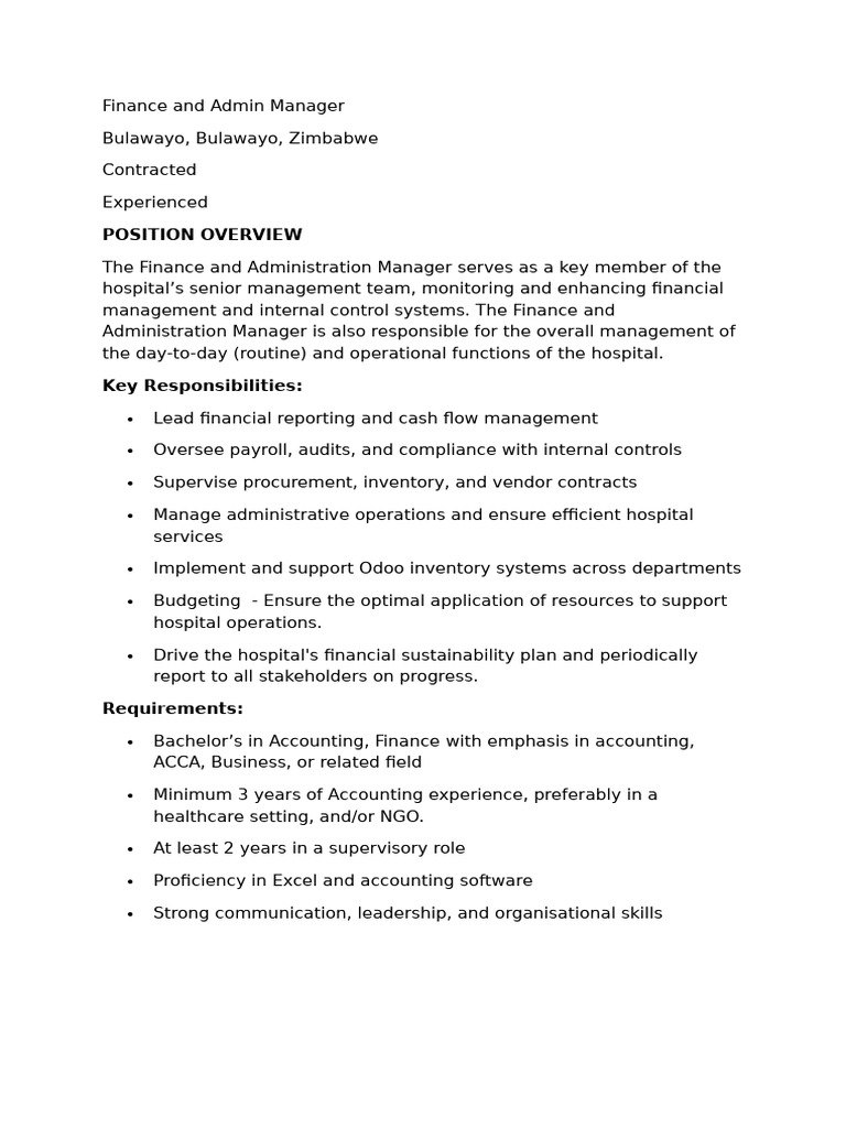 Finance and Admin Manager | PDF