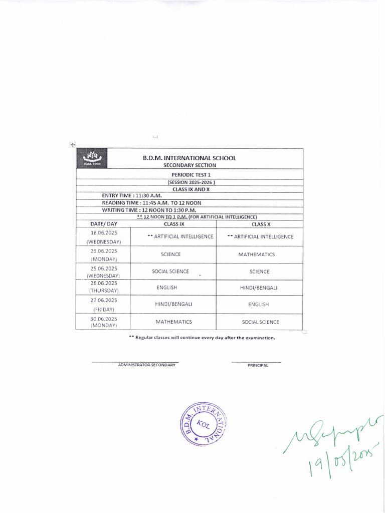 BDMI Class 9 Exam Schedule 2025 | PDF