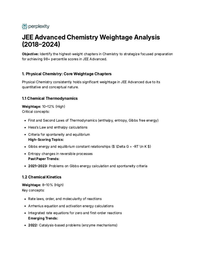 JEE Advanced 2018 Chemistry Weightage Guide | PDF | Chemical Reactions ...