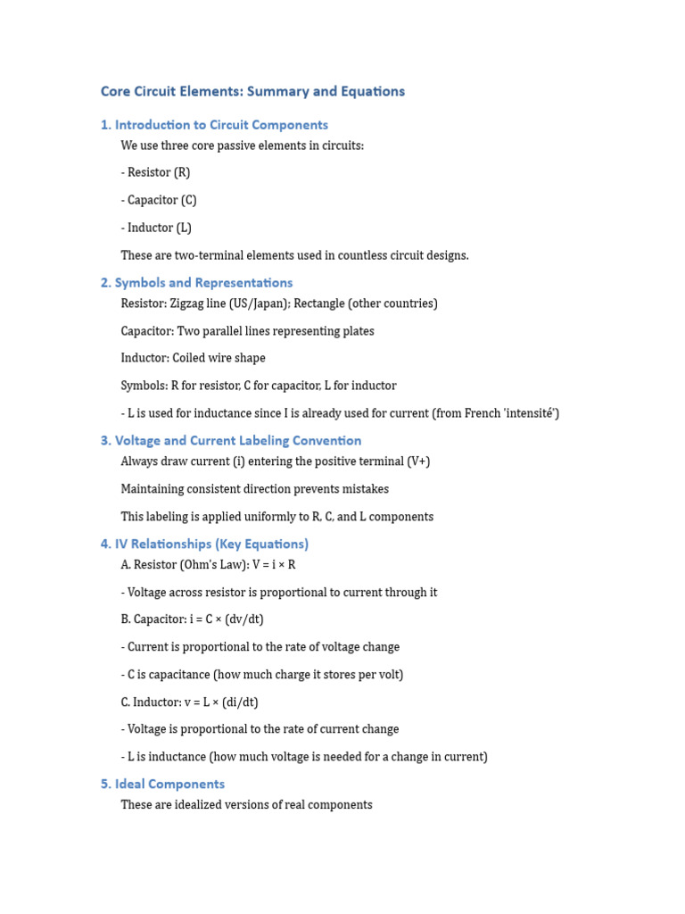 Core Circuit Elements and Equations | PDF