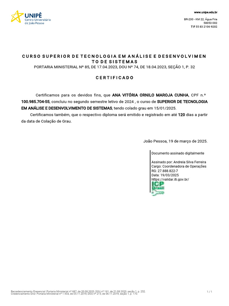 Certificado de Conclusão de Curso Superior | PDF