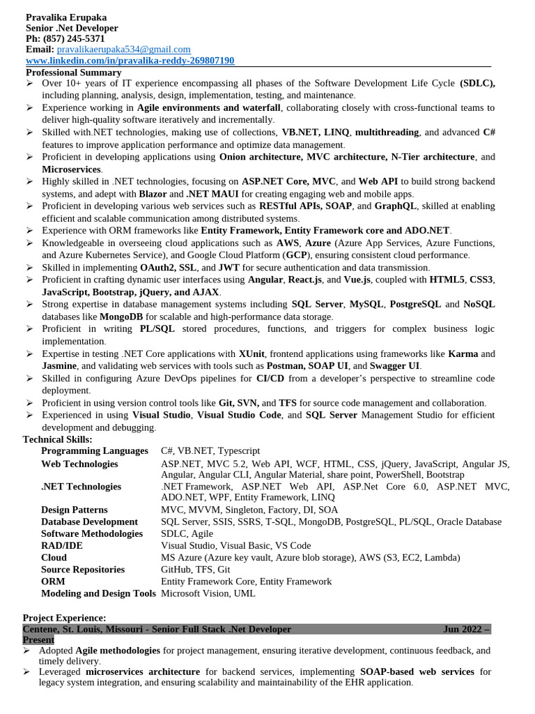 Pravallika Erupaka .Net Resume | PDF | Microsoft Sql Server | Databases