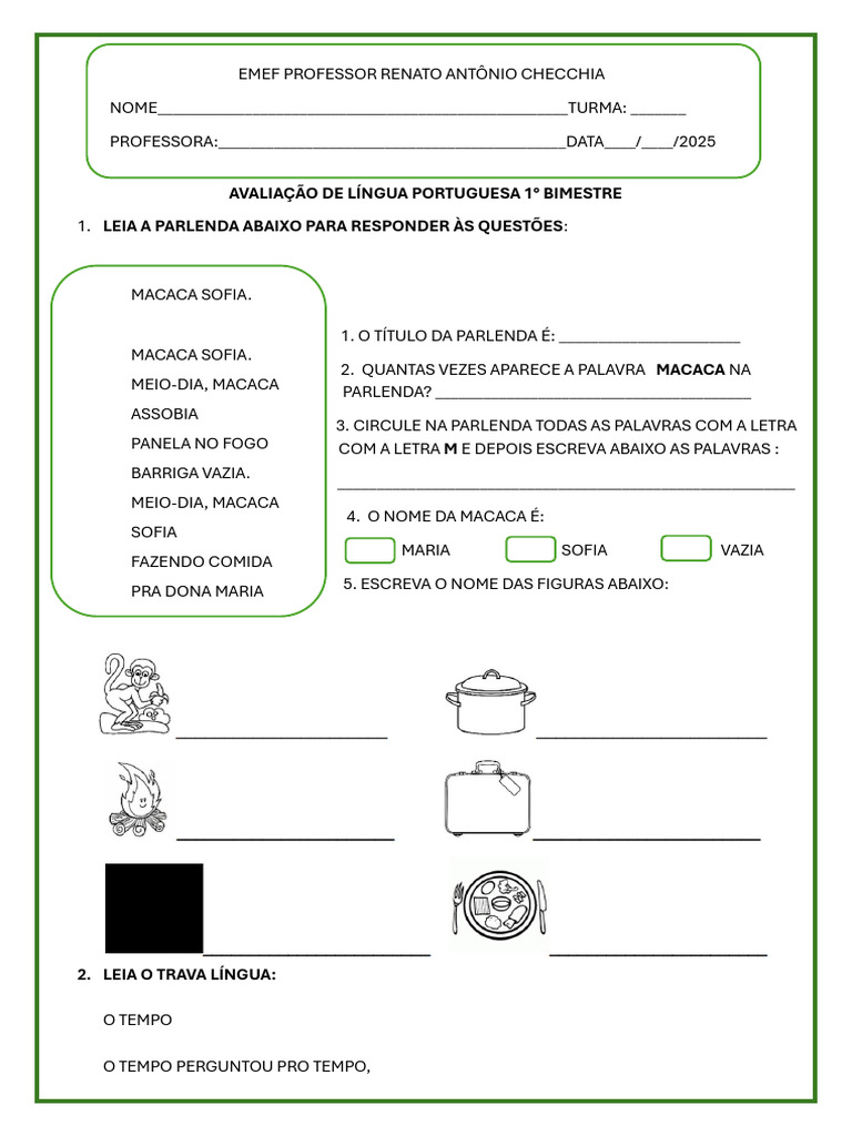Avaliação de Língua Portuguesa 1º Bimestre | PDF