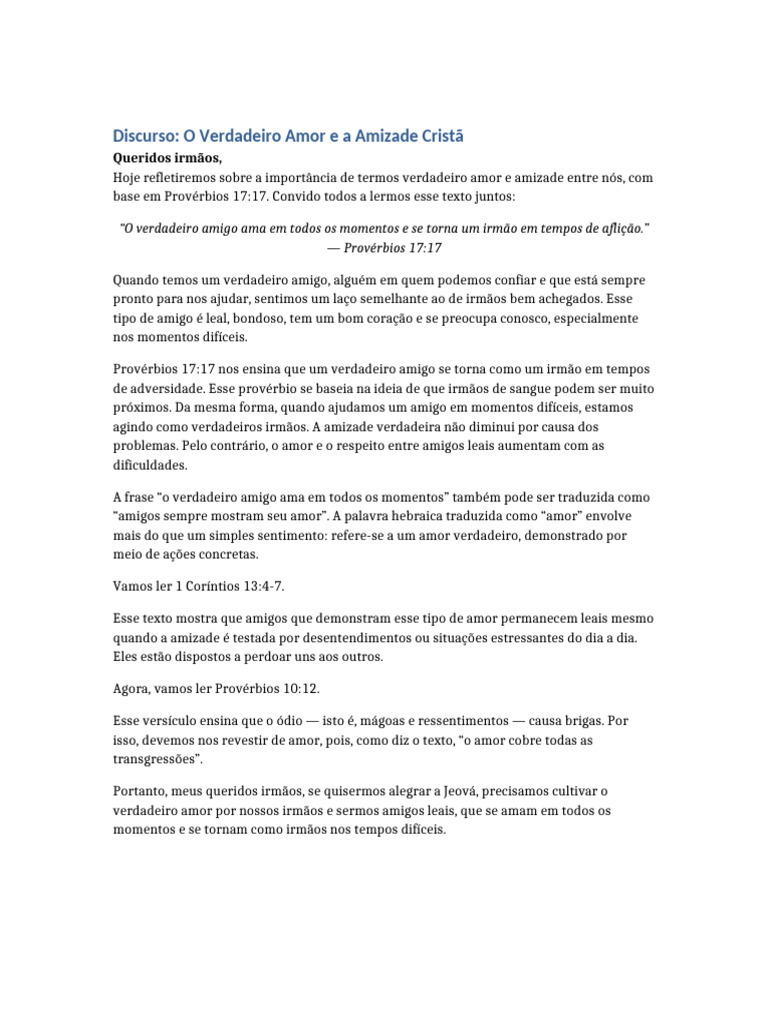 Discurso Verdadeiro Amor e Amizade | PDF