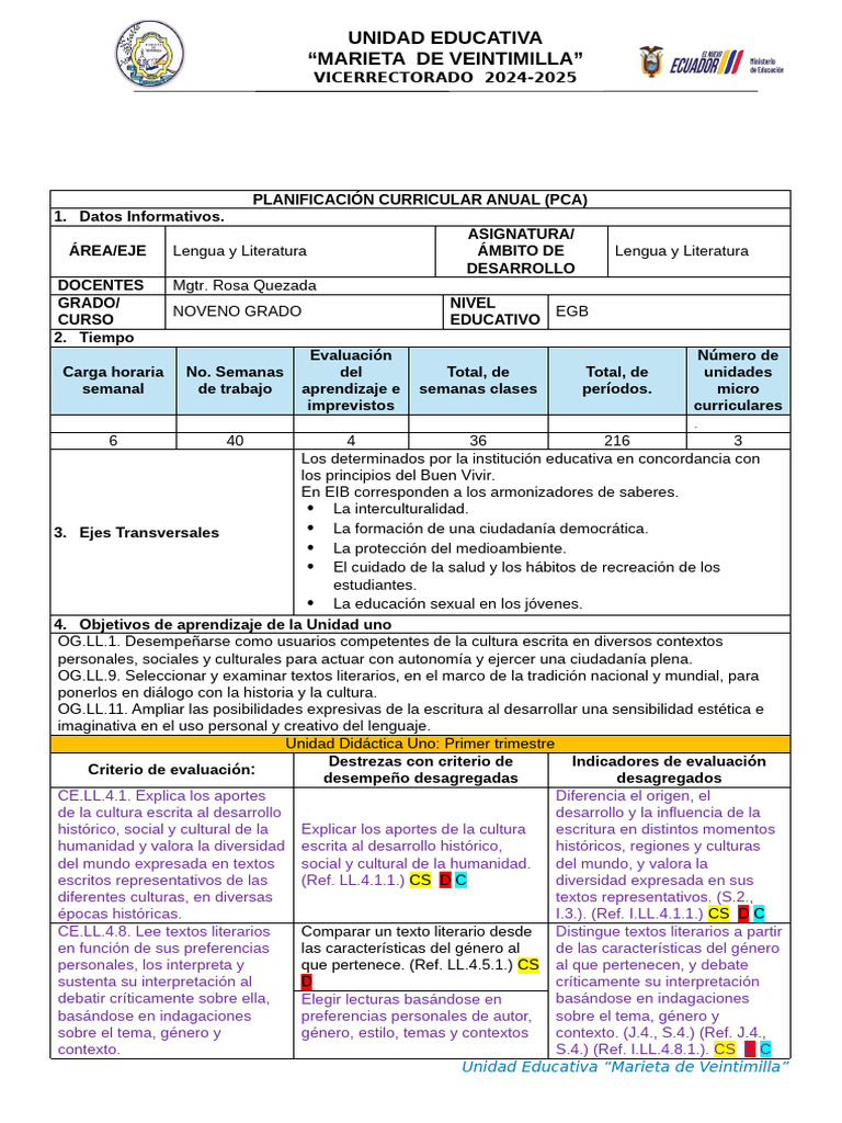Planificación Curricular Lengua 9° EGB | PDF | Adverbio | Plan de estudios