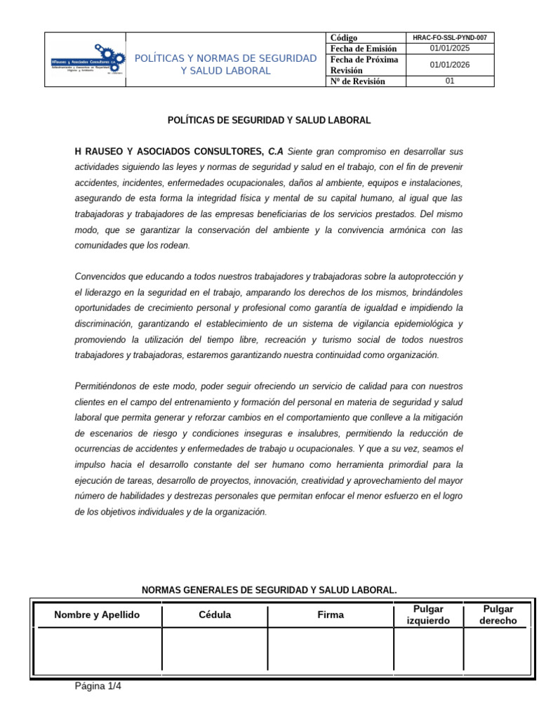 Políticas y Normas de Seguridad y Salud Laboral | PDF | Seguridad y ...