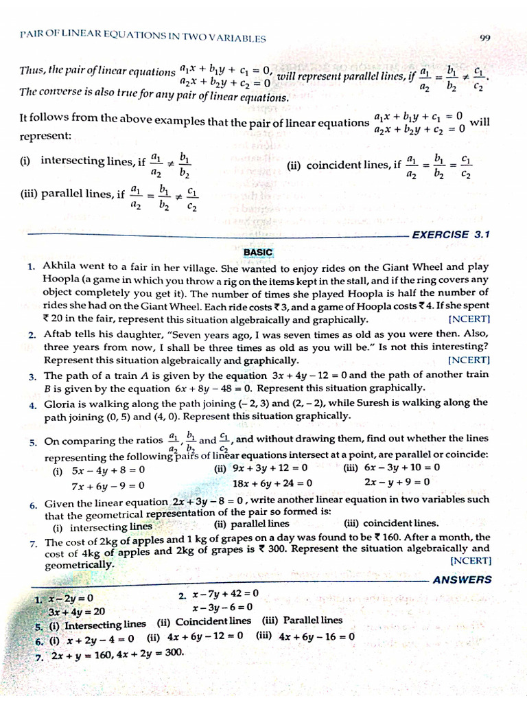 Class 10th CH 3 Linear Equation | PDF