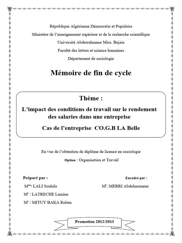 Impact des conditions de travail sur le rendement | PDF | Business ...