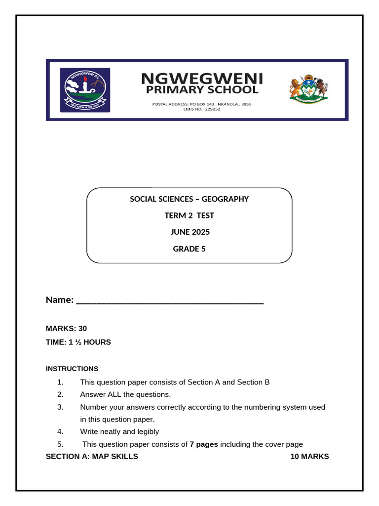 Grade 5 Geography Term 2 Test 2025 | PDF | River | Dam