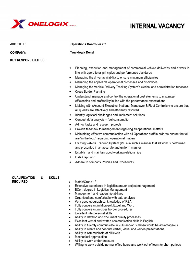 Operations Controller Job Vacancy | PDF | Logistics | Communication