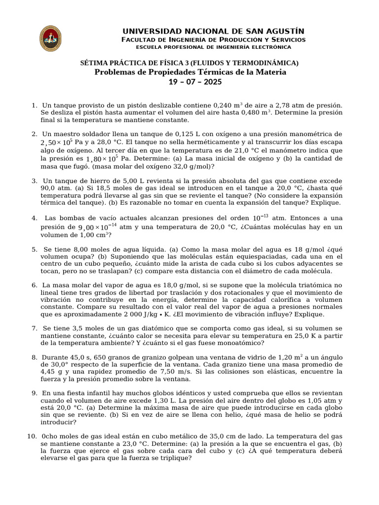 Problemas de Fluidos y Termodinámica | PDF | Gases | Temperatura
