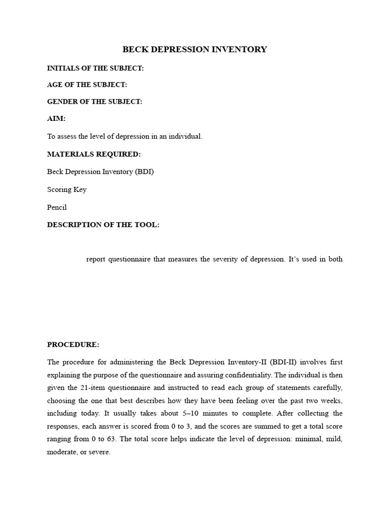 Beck Depression Inventory | PDF | Major Depressive Disorder | Mental Health