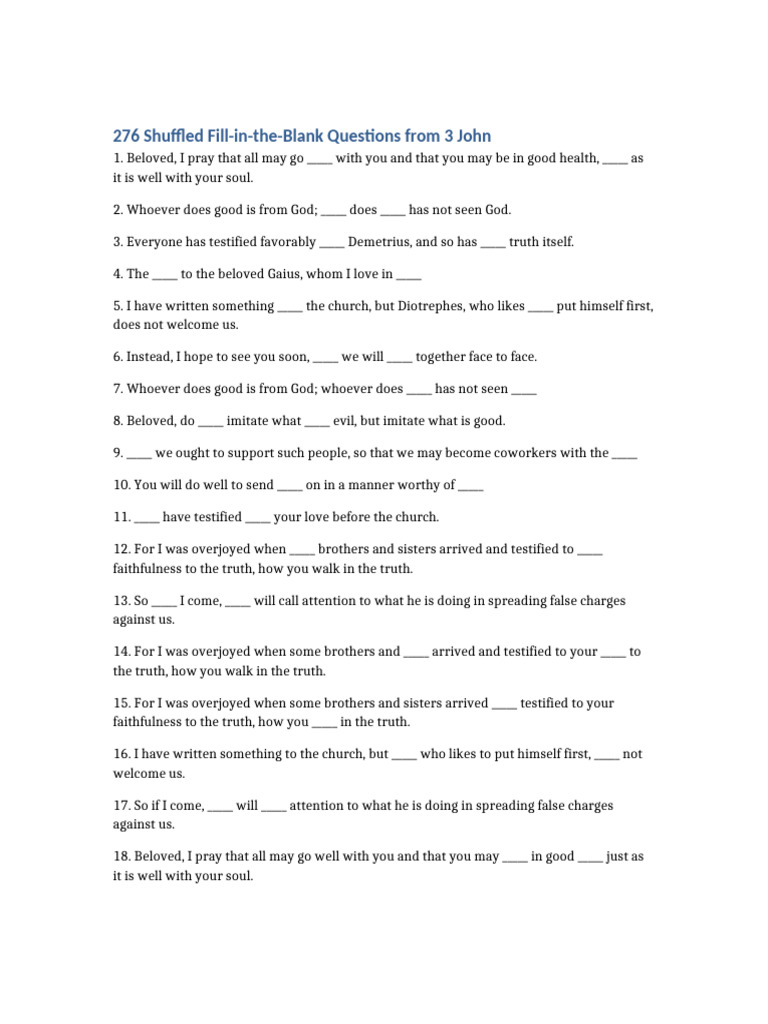 Shuffled Fill-in-the-Blank Questions on 3 John | PDF | Testimony | God