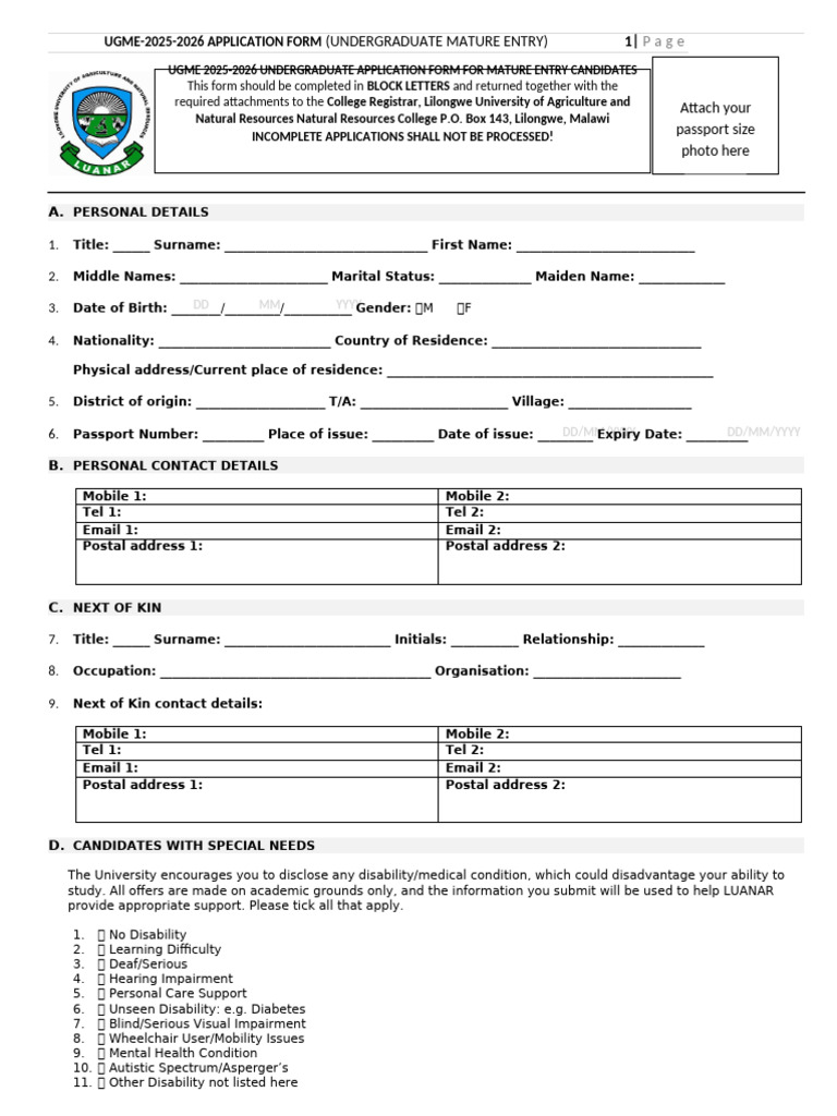 Mature Application Form 2025 - 2026 | PDF | Diploma | Bachelor's Degree