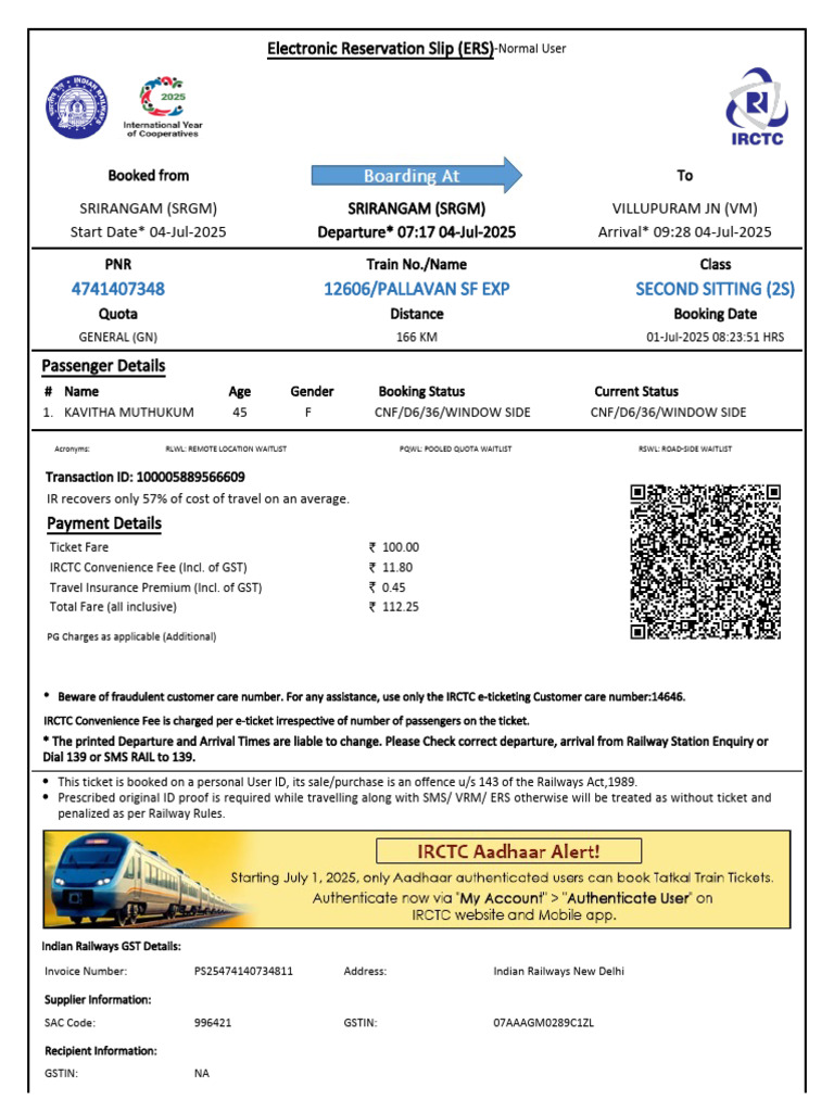 12606/pallavan SF Exp Second Sitting (2S) | PDF | Identity Document |  Payments