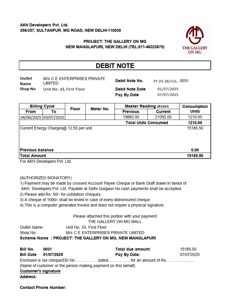Debit Note: Outlet Name Shop No | PDF