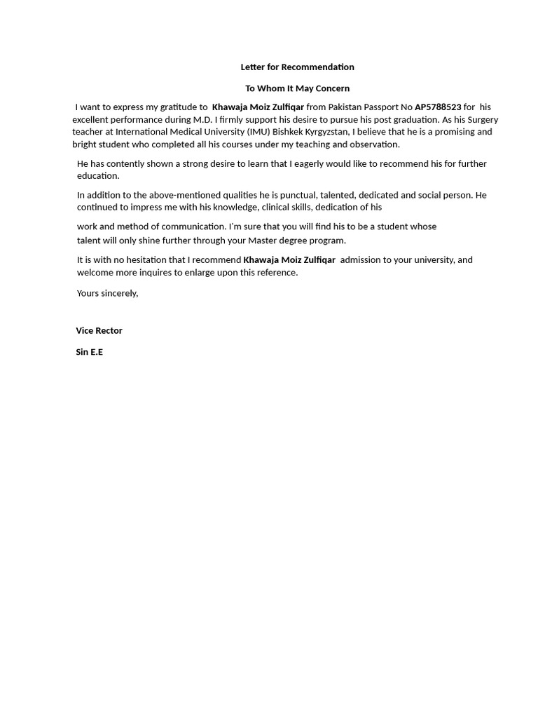 Recommendation for Khawaja Moiz Zulfiqar | PDF | Medical School ...