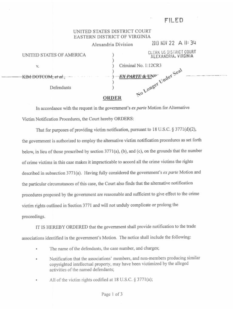 Mega Victim Notification Order Unsealed 121913 | PDF
